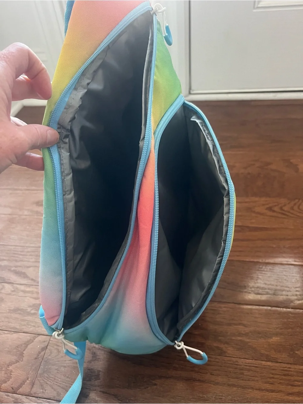 Colorful Rainbow Ombre Sling Backpack with Turquoise Trim
